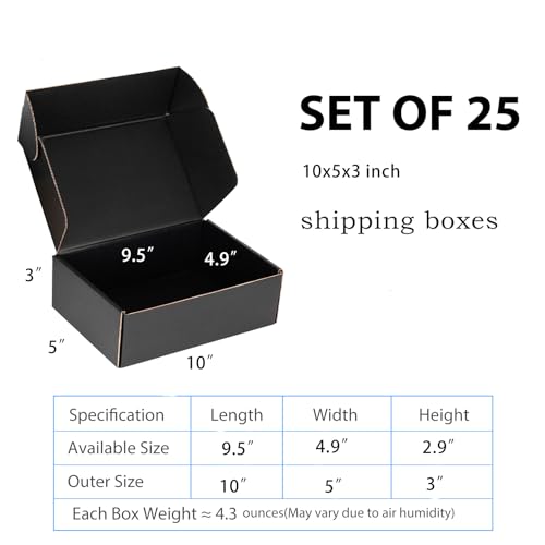 10x5x3 Black Shipping Boxes for Small Business, Packing, 25 Pack - color: Black, size: 10x5x3 Inch