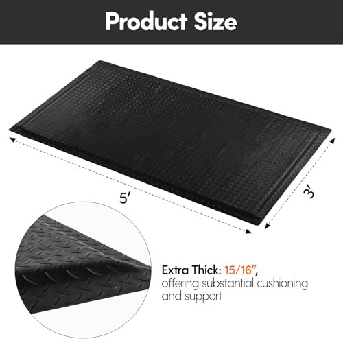 Nisorpa Anti Fatigue Mats Industrial 3' x 5' Ergonomic Standing Mat 15/16" Extra Thick Shop Floor Mat Heavy Duty Commercial Diamond Plate Safty Mat Support for Leg & Back Pain, Black - size: 3' x 5'