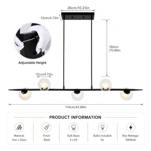 Siittoo 44.88In Modern Black Linear Chandelier with Clear Glass Globes - color: 44 in/Black/5-light(not included bulbs)