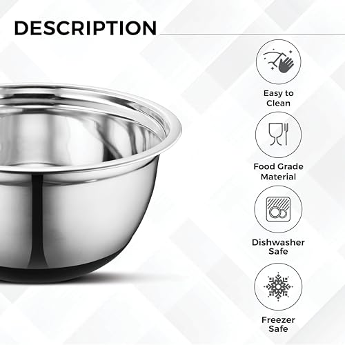 Avador Premium Stainless Steel Mixing Bowls with Lids Non-Slip, Set of 5 Mixing Bowl Set with Silicone Base, Space Saving, Great for Cooking, Baking, Prepping (0.25qt, 1qt, 1.5qt, 3qt, 5qt)