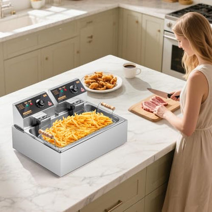 ROVSUN 23.8Qt Commercial Deep Fryer Countertop, Electric Deep Fryer with Basket, Lid & Adjustable Temp, Stainless Steel Kitchen Fat Fryer Frying Machine for French Fries Turkey Onion Rings 5000W - size: Single Fryer-23.8QT