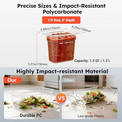 6-Pack 1/9 Size 6" Deep Polycarbonate Food Pans, NSF Commercial Clear Food Pan, Hotel Pan for Sauces, Condiments & Small Prep, Food-Grade with Label Area - color: 1/9 Size, size: 6" Deep