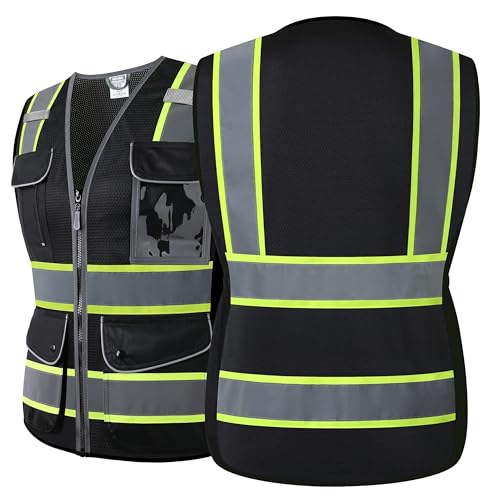 Reflective Safety Vest for Women Mesh High Visibility Vest with 8 Pockets and Front Zipper High Vis Vest Work Vests (Black-16, X-Large) - color: Black, size: X-Large