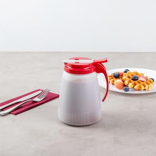 Restaurantware-Chef 101 48 Ounce All Purpose Syrup Dispensers, 10 Honey Dispensers - Red Top, Stainless Steel Slide Cover, Plastic Pancake Syrup Bottle, Perfect For Diners, Restaurants, Home - color: Red, size: 48 Ounces, style: 10 Count