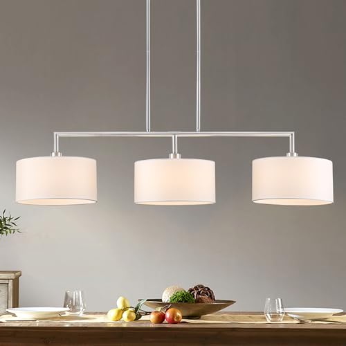 47" Linear Kitchen Island Lighting 3-Light Brushed Nickel Chandelier with White Fabric Drum Shade Adjustable Hanging Pendant Light for Dining Room Light Fixtures Over Table,Kitchen,Bar,Living Room,E26 - color: Brushed Nickel
