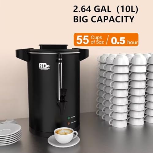 55-Cup 10L Commercial Coffee Urn, Festa Essential 750W Double Wall Large Percolate Coffee Maker Stainless Steel Hot Water Urn Dispenser with Double Dripless Faucet, Quick-Brewing for Catering, Black - size: 10L-55Cups