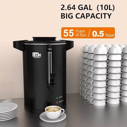 55-Cup 10L Commercial Coffee Urn, Festa Essential 750W Double Wall Large Percolate Coffee Maker Stainless Steel Hot Water Urn Dispenser with Double Dripless Faucet, Quick-Brewing for Catering, Black - size: 10L-55Cups
