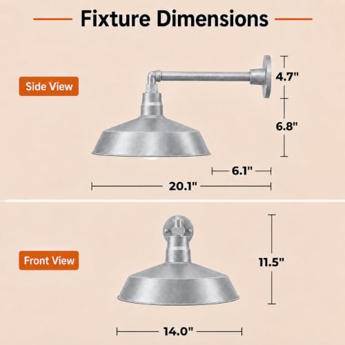 14in. Galvanized Outdoor Gooseneck Barn Light Fixture, 5000K Cool White - color: Galvanized (1 Pack), size: 13 in. Straight Arm