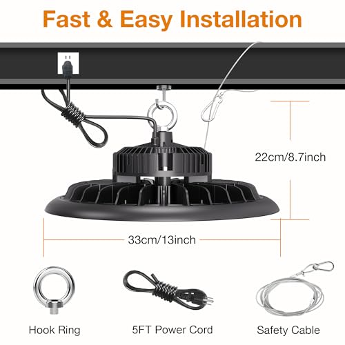 UFO LED High Bay Light 150W 21,000lm 5000K Daylight 600W HID/HPS Equivalent with US Plug 5’ Cable LED Warehouse Lights Commercial Shop Workshop Garage Factory Lowbay Area Lighting Fixture, Non-Dim