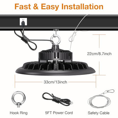 UFO LED High Bay Light 150W 21,000lm 5000K Daylight 600W HID/HPS Equivalent with US Plug 5’ Cable LED Warehouse Lights Commercial Shop Workshop Garage Factory Lowbay Area Lighting Fixture, Non-Dim
