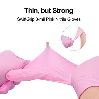 SwiftGrip Pink Nitrile Gloves, 3-mil, Industrial Gloves Disposable Latex Free, for Cleaning & Esthetician, Rubber Powder-Free, 100-ct Box (Small) - size: Small