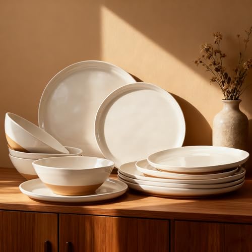 Melamine Dinnerware Sets of 12 Pcs, Kitchen Plates and Bowls Sets for 4, Sturdy and Durable Dishware Sets, Dishwasher Safe, Not for Microwave, for Patio, RV and Camping (Ivory) - color: Rustic White
