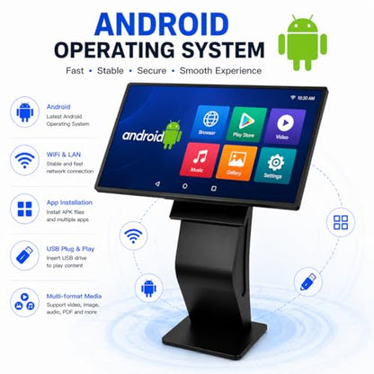 32 inch Touch Screen Kiosk, Android System, Install APP, Browser, Digital Signage Kiosk, K-Style Stand Digital Signage Display, Interactive Display Mall Navigation/Advertising/Retail Store - color: Black