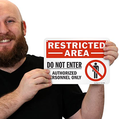 SmartSign (Pack of 4) 7 x 10 inch “Restricted Area - Do Not Enter, Authorized Personnel Only” Metal Sign with Symbol, 40 mil Laminated Rustproof Aluminum, Red, White and Black, Made in USA - style: 7" x 10" - Aluminum (Pack of 4)