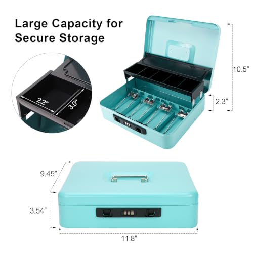 Jssmst Metal Cash Box with Money Tray and Lock, Portable Cash Drawer, 11.8" - color: Light Blue Code-B