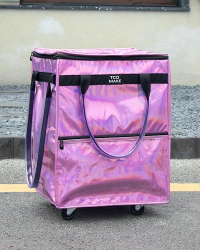 Medium Phantom Pink Reusable Grocery Bag on Wheels, Folding Rolling Tote - color: Phantom Pink, size: Medium