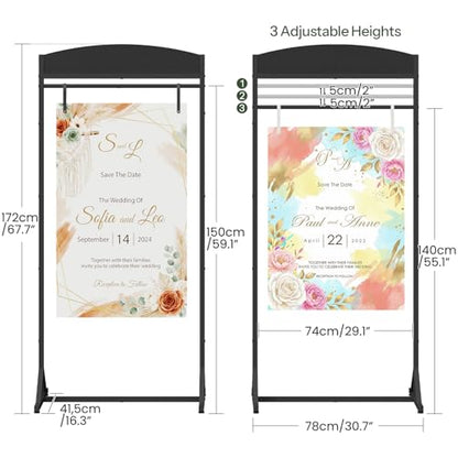 CHOEZON Wedding Welcome Sign Stand, Adjustable Wedding Sign Holder with 4 Leather Straps, 68"x31" Floorstanding Metal Poster Stand with Tripod Base, Display Stand for Wedding, Party, Black TCJ23BB
