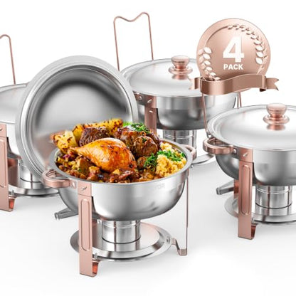 VEVOR Chafing Dish Buffet Set, 5 Qt 4 Pack, Stainless Steel Chafer with 4 Full Size Pans, Round Catering Warmer Server with Lid Water Pan Folding Stand Clip, for Weddings Parties Banquets, Rose Gold - size: 4packs Rose Gold