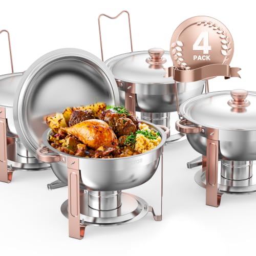 VEVOR Chafing Dish Buffet Set, 5 Qt 4 Pack, Stainless Steel Chafer with 4 Full Size Pans, Round Catering Warmer Server with Lid Water Pan Folding Stand Clip, for Weddings Parties Banquets, Rose Gold - size: 4packs Rose Gold