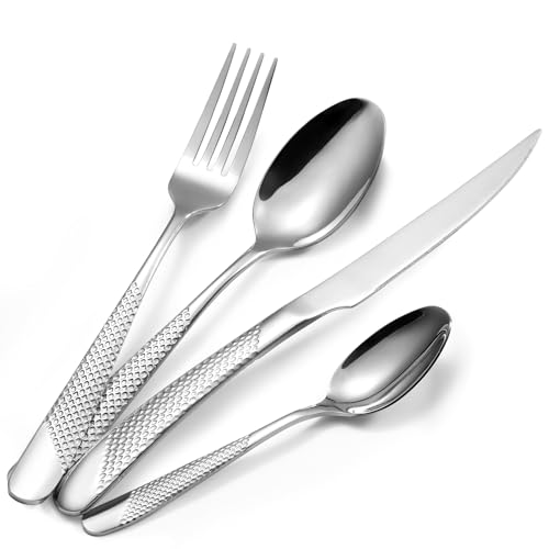 16 Piece Hammered Silverware Set for 4, Premium Food-grade Stainless Steel Flatware Set, Modern Design & Mirror Polished Cutlery Set, Eating Utensil Set Include Fork Knife Spoon Set, Dishwasher Safe - color: Star Silver 16pcs