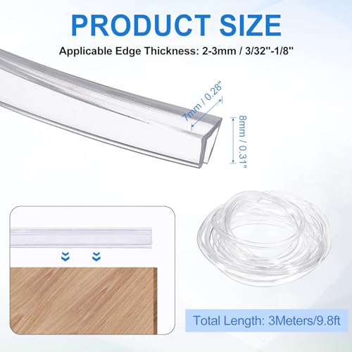 uxcell Clear Edge Trim 9.8Ft Silicone U Channel Edges Guards Fit 3/32"-1/8" - size: 9.8Ft x 9/32" x 5/16", Fits 3/32"-1/8"