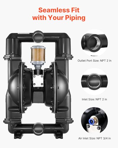 VEVOR Air Operated Double Diaphragm Pump, 158 GPM, 2 inch Inlet & Outlet Pneumatic Waste Oil Transfer Pump, Max 114 PSI, Aluminum Alloy Body, Air-Operated for Diesel, Grease, Kerosene, Gasoline & Oil - size: 158 GPM