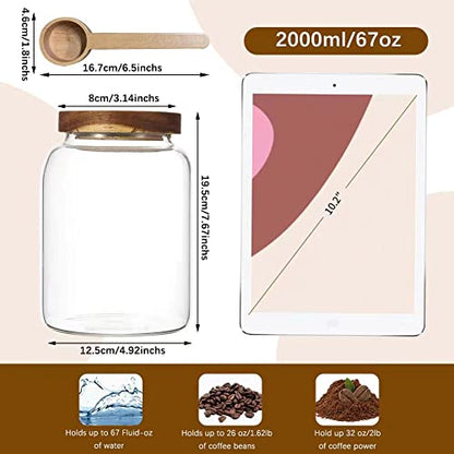 Glass Coffee Storage Jar with Lids Scoop Round Glass Coffee Ground Containers Borosilicate Glass Food Canister for Cereals Oats Beans Nut Sugar Candy Spice Rice Tea - color: 2000ml/67 oz