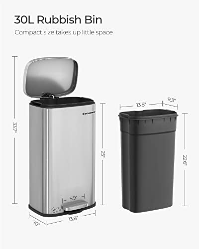 SONGMICS 8 Gallon (30 L) Trash Can, Stainless Steel, Step-On Pedal - color: Silver, size: 8 Gal.