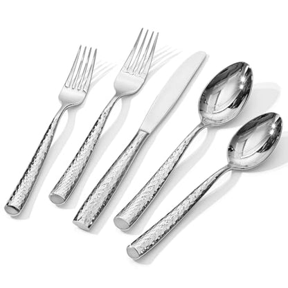 KINGSTONE Hammered Flatware Set, 5-Piece 18/10 Stainless Steel Silverware - size: 5-Piece