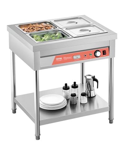 VEVOR 4-Pan Commercial Food Warmer, 4 x 1/2 Pans Electric Steam Table, 1500W Professional Buffet Catering Food Warmer with Undershelf, Stainless Steel Server for Restaurant Party Hotel - size: 4-Pan