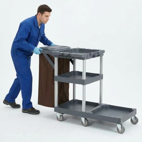 CABIHOME Commercial Janitorial Cleaning 3-Shelf Cart on Wheels, 300 lb Capacity, Custodial Cart Housekeeping Carts with Cover and 25 Gal Vinyl Bag, 22" D x 51" W x 37" H, Gray