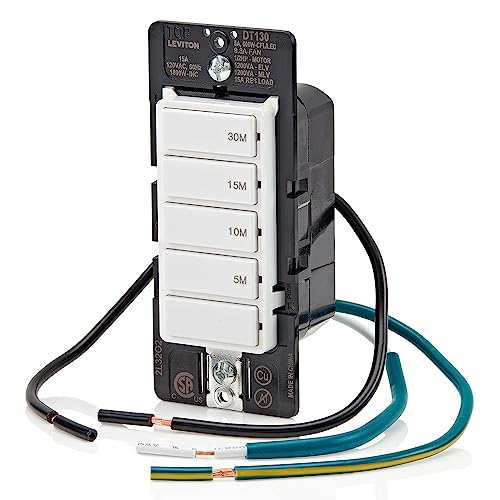 Leviton Countdown Timer Switch for bathroom fan and household lights, 5-10-15-30 min, No Neutral Required, Single Pole, 15A, 1/2 HP/9.8A Fan/Motor, DT130-1LW, White - size: 15 Amp