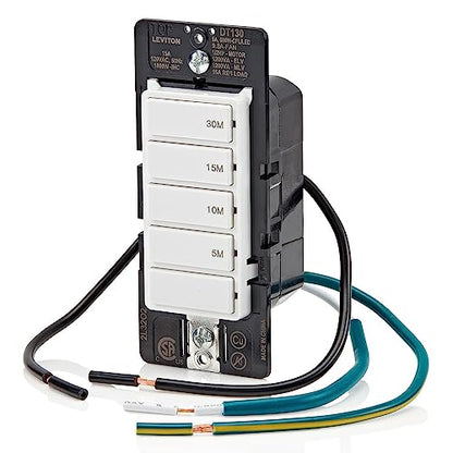 Leviton Countdown Timer Switch for bathroom fan and household lights, 5-10-15-30 min, No Neutral Required, Single Pole, 15A, 1/2 HP/9.8A Fan/Motor, DT130-1LW, White - size: 15 Amp