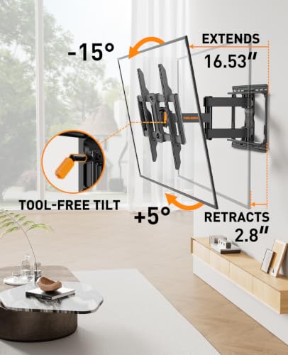 Perlegear Full Motion TV Wall Mount for 42–86 inch TVs up to 132 lbs - size: Fits 42-86" TVs / Max 16" Wood Stud