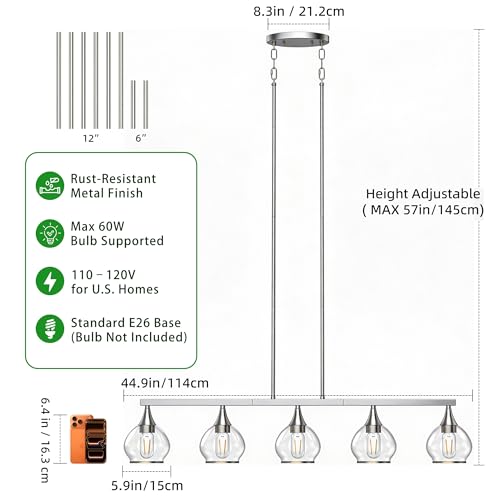 Phaosio Kitchen Island Linear Pendant Light, 5-Light, E26 Base - color: Brushed Nickel, size: 5-Light