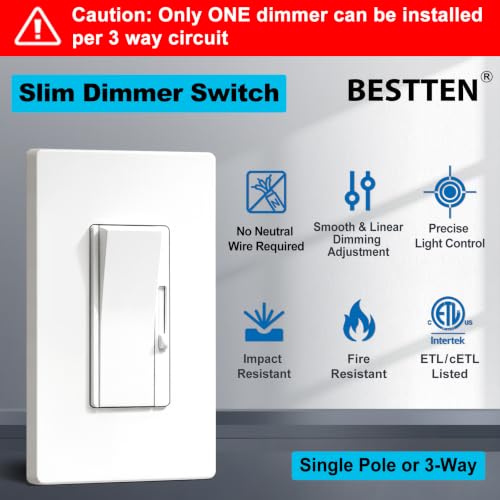 BESTTEN 6 Pack Dimmer Switch, Quiet Rocker, Max 300W LED, CFL, 600W Halogen