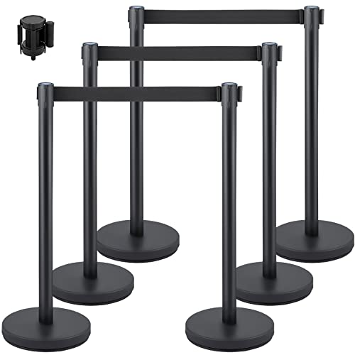 VEVOR Crowd Control Stanchion Set, Stanchion Set with 6.6 ft/2 m Black Retractable Belt, Black Crowd Control Barrier w/Concrete and Solid Metal Base - Easy Connect Assembly (6) - color: 6 Pcs, size: Classic connector, style: Concrete Metal Bottom