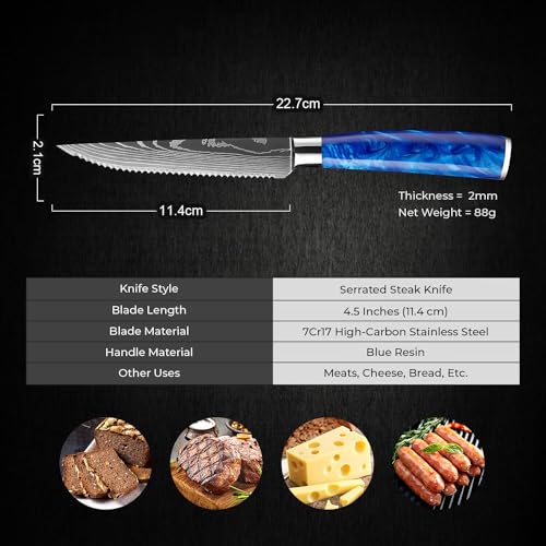 SENKEN Professional 6-Piece Steak Knife Set with Engraved Damascus Pattern, Razor Sharp Blade, High Carbon Steel with Gift Box (Blue) - color: Cerulean Blue