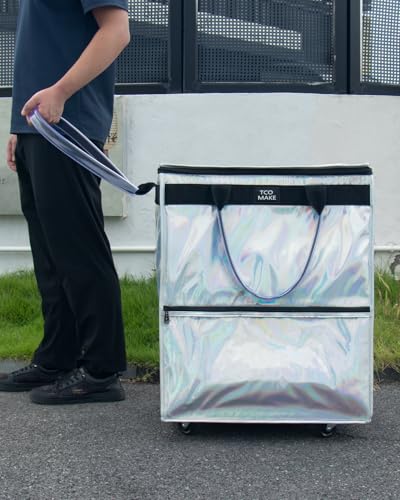 Large Phantom White Reusable Grocery Bag on Wheels, Folding Rolling Tote - color: Phantom White, size: Large
