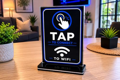 NFC Acrylic Business Sign with Stand – Tap to Open Menu, WiFi & Social Media – Rewritable Ntag213 Chip – Smart Display for Restaurants & Small Businesses (Wifi)