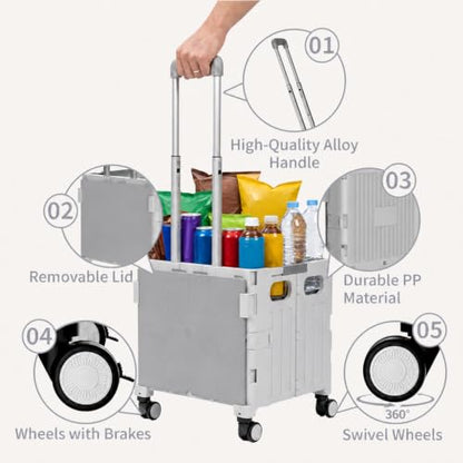 Foldable Shopping Cart with Wheels: Gray Rolling Utility Crate - color: Gray
