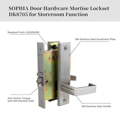 SOPHIA Commercial Heavy Duty Mortise Lockset Door Lever Lock Non-Handed Grade 1 Door Handle - Escutcheon Plate Keyed Lever Lockset, ADA, US32D Satin Chrome Finish for Classroom Door