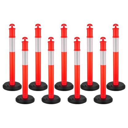 VEVOR 9 Pack Traffic Delineator Posts, 45 inches Traffic Safety Cones with Fillable Base and Reflective Strips, Heavy Duty Delineator Posts for Construction Site, Parking Lot, Crowd Control, Red