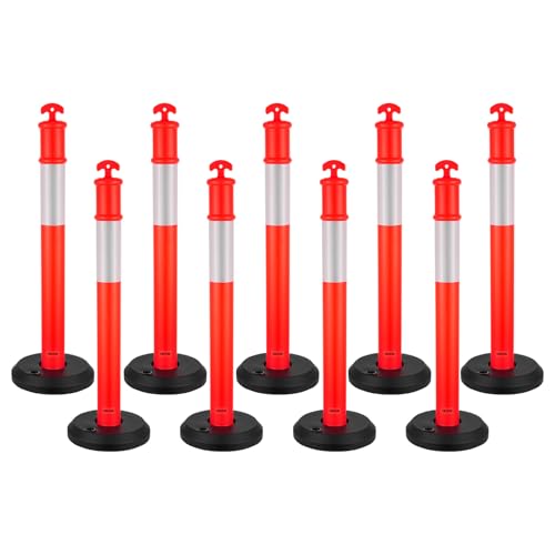 VEVOR 9 Pack Traffic Delineator Posts, 45 inches Traffic Safety Cones with Fillable Base and Reflective Strips, Heavy Duty Delineator Posts for Construction Site, Parking Lot, Crowd Control, Red