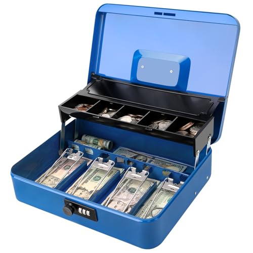 Jssmst Metal Cash Box with Money Tray and Lock, Portable Cash Drawer, 11.8" - color: Blue Code-A