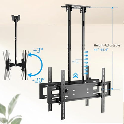 Ceiling TV Mount, 2 Screen Adjustable Hanging Double Suspension Bracket Fits Most 60-100 inch LCD LED OLED 4K TVs,Pole Ceiling Mount Supports up to 132lbs/Screen, Max VESA 900x600mm, T580-2