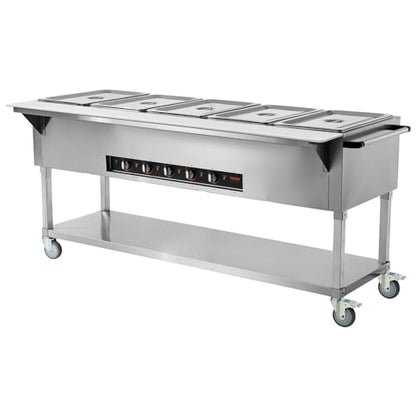 VEVOR 5-Pan Commercial Food Warmer, 5 x 20.6QT Electric Steam Table, 3750W Professional Buffet Catering Food Warmer with 4 Wheels (2 Lockable), Food Grade Stainless Steel Server for Party Restaurant - size: 5-Pan (103 QT)