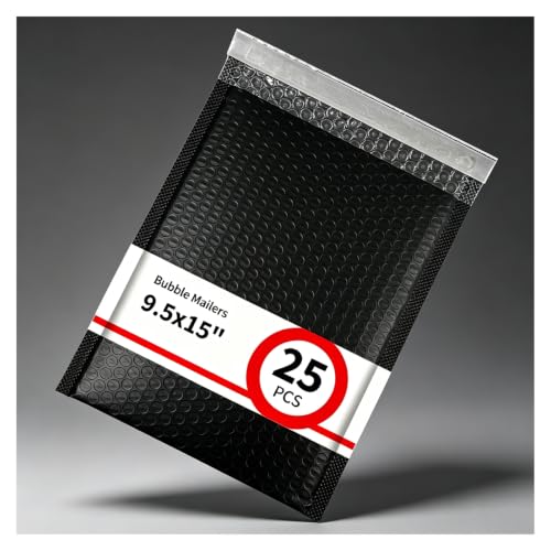 25 Pack 9.5" x 15" Usable Size Bubble Mailers, Black Padded Shipping Envelopes with Self Seal Closure, Large Poly Mailers for Clothing, Books, Documents and Accessories - size: 9.5" x 15" (Usable Size) - 25 Pack