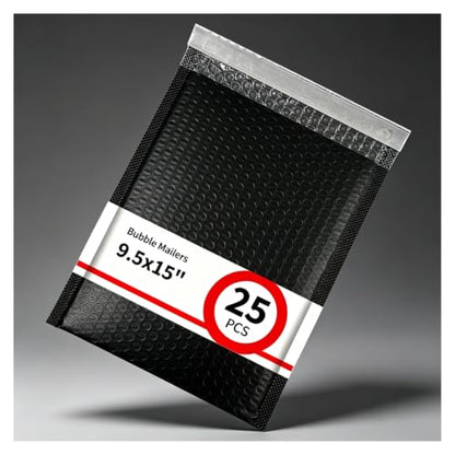 25 Pack 9.5" x 15" Usable Size Bubble Mailers, Black Padded Shipping Envelopes with Self Seal Closure, Large Poly Mailers for Clothing, Books, Documents and Accessories - size: 9.5" x 15" (Usable Size) - 25 Pack