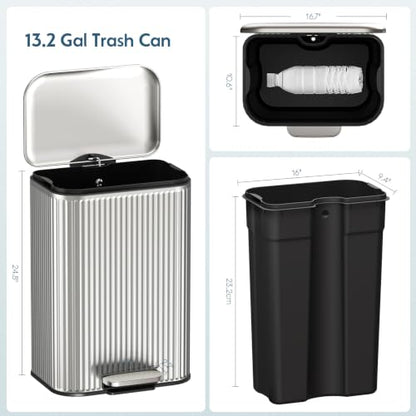 Arlopu Kitchen Trash can, Stainless Steel Garbage Can, 13 Gal Garbage Bin - color: Silver